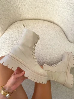 Fashion CASSY Briana - Bottines Beiges Chunky A Lacets Et Semelle Epaisse