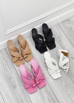 Best Sale CASSY Mules Camel Effet Matelasse A Talons Blocs Et Bride Orteil